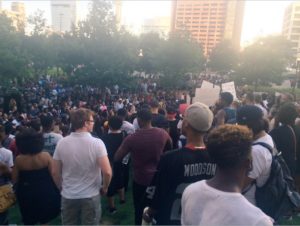 Demonstrators at Belo Garden Park in Dallas 7-7-2016