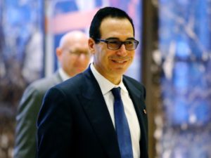 Advisor Steven Mnuchin arrives at Trump Tower in New York on Nov. 17.